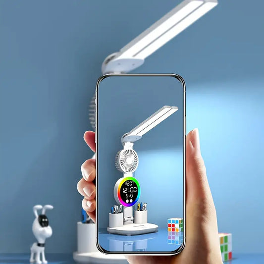 Lámpara 5 en 1 Multifuncional con Ventilador, Luz LED RGB y Reloj Digital